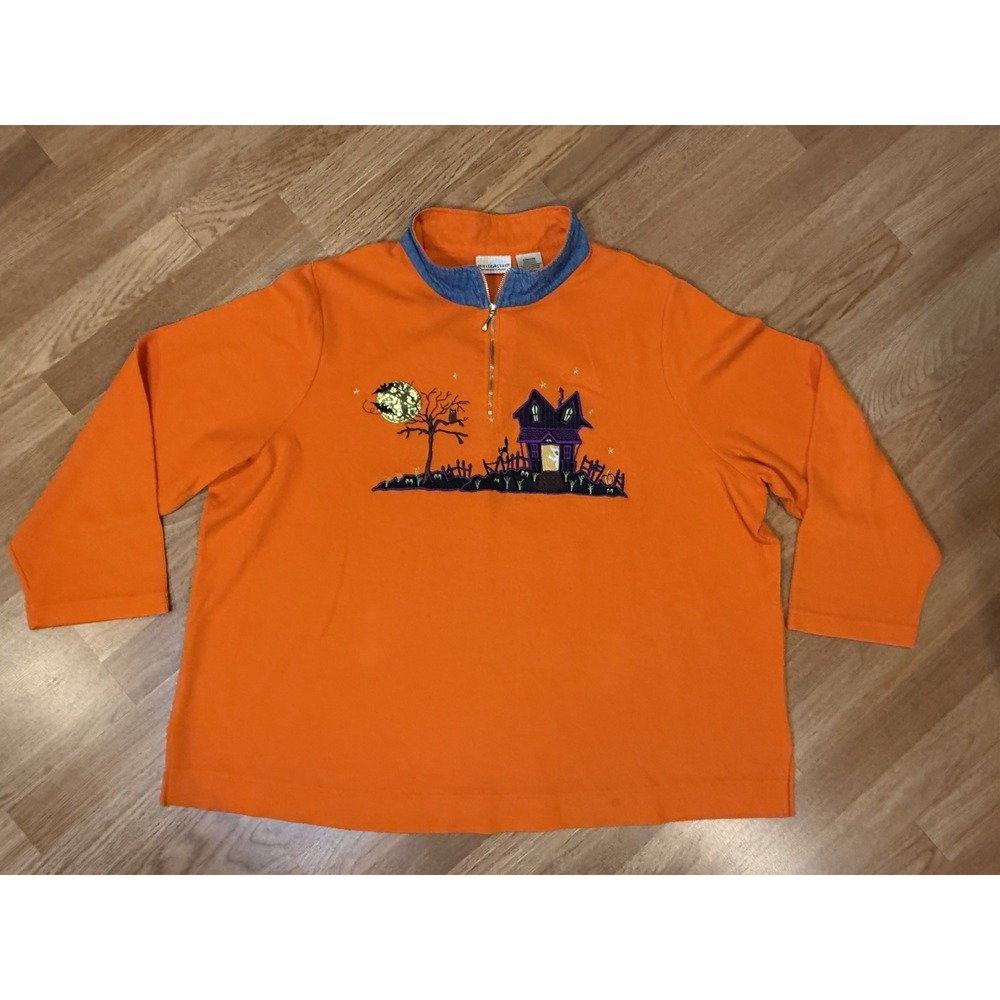 Vintage Halloween Embroidered Appliqué Quarter Zip Shirt Haunted House Moon 3X